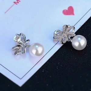 925 Sterling Silver CZ Bow & Pearl Earrings